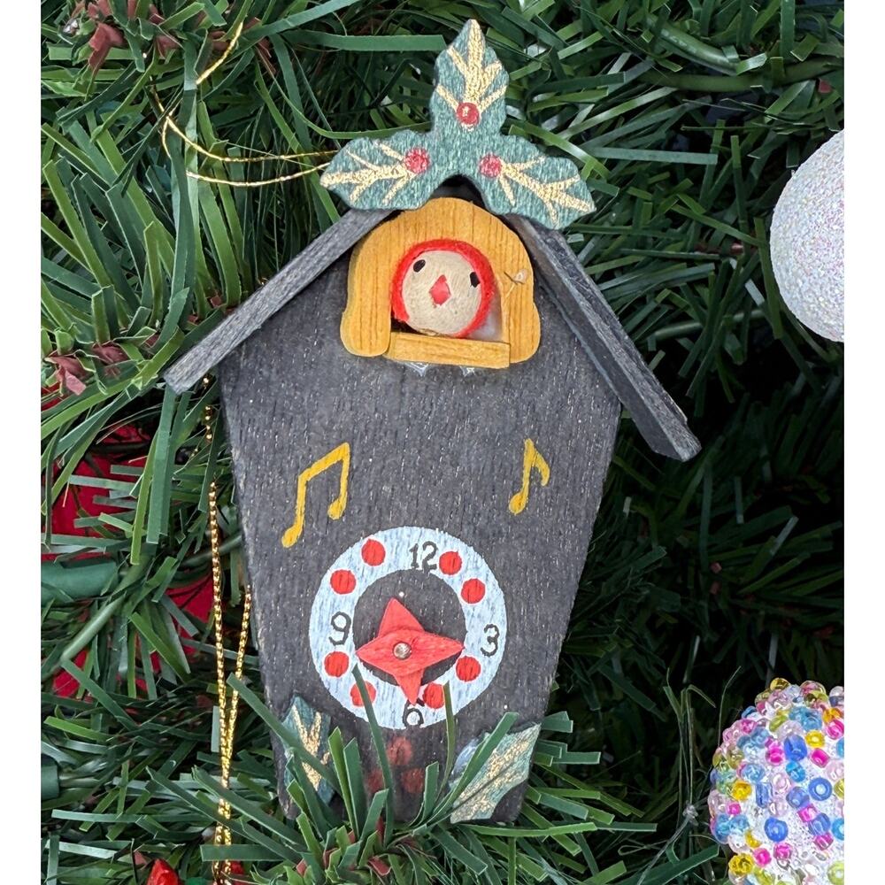 Vintage Wooden Cuckoo Clock Ornament Handmade - Slight Damage